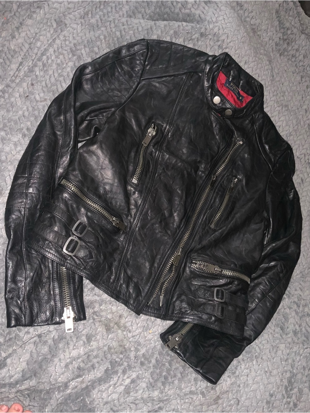 Ralph Lauren Red Quilted Jacket Lining with Black Leather Trim